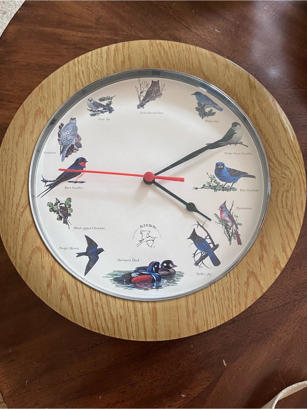 Audubon Wood-Accent Bird Illustration Wall Clock - Natural Oak Finish